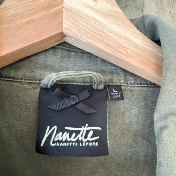 Nanette Lapore army green military style denim jacket with beaded crests - Picture 4 of 11